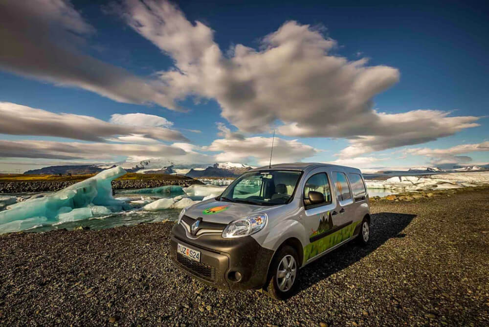 Iceland campervan at with glacier lagoon in the background