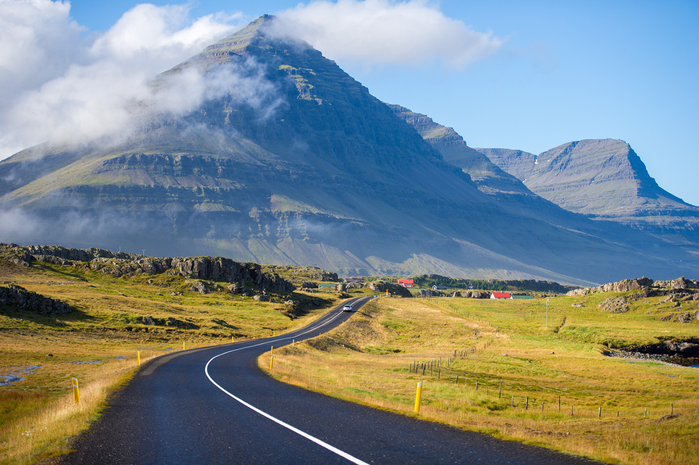 Driving in Iceland on paved roads along the Ring Road