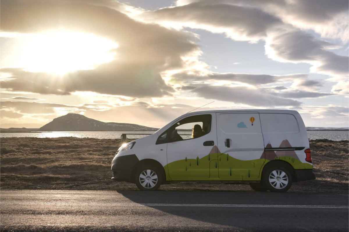 Campervan play vehicle in Iceland at dusk
