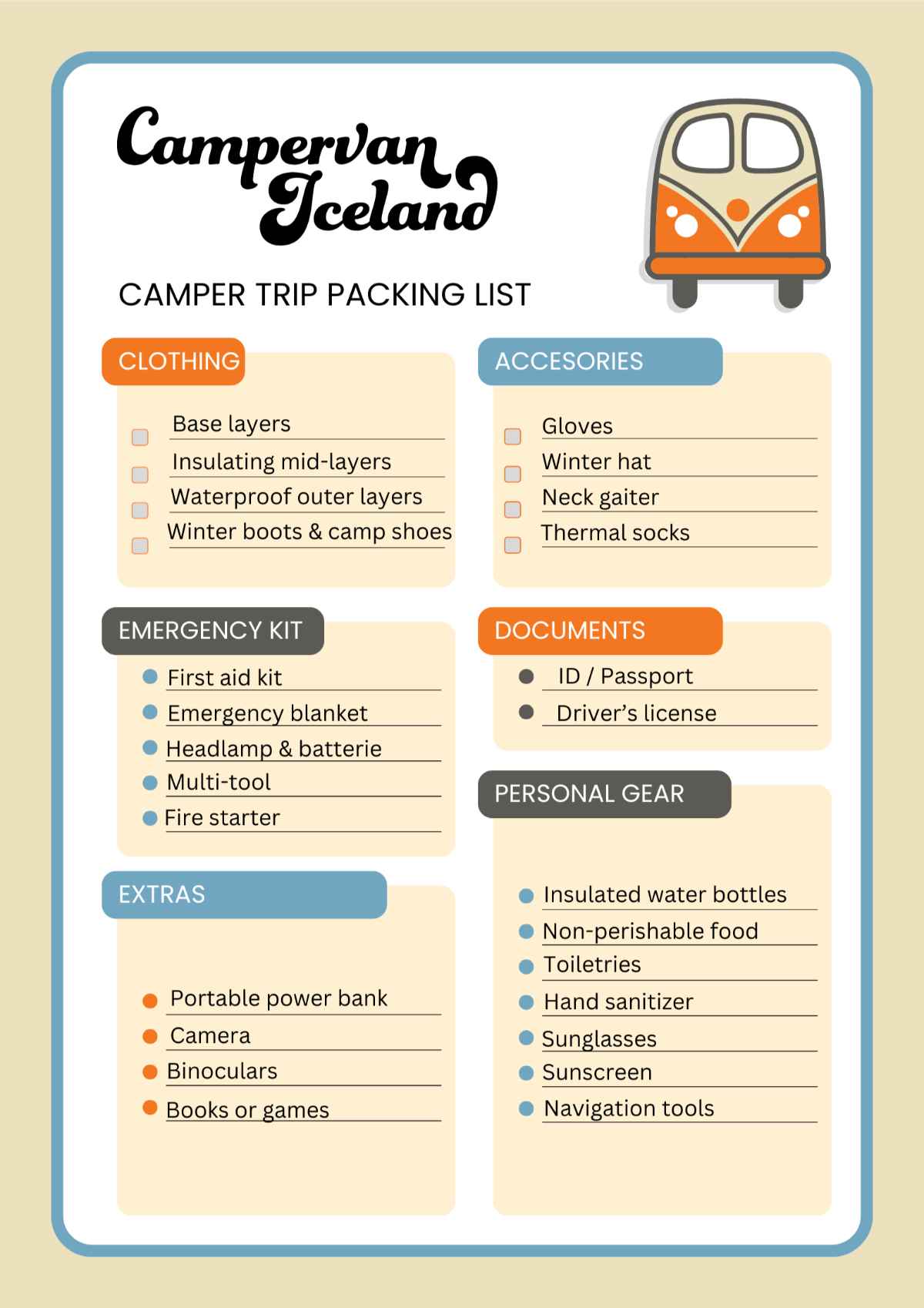 Campervan packing list