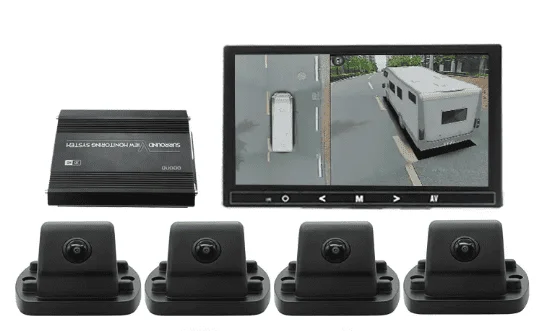 Advanced AI-powered RV security system with multiple cameras and a smart monitoring screen for enhanced vehicle safety.