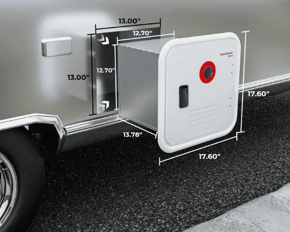 Compact tankless water heater installed on an RV, showing its dimensions and energy-efficient design for instant hot water.