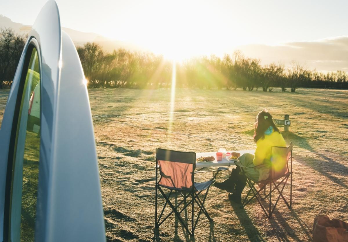 Camper sitting on her camping chair enjoying Iceland´s outdoors