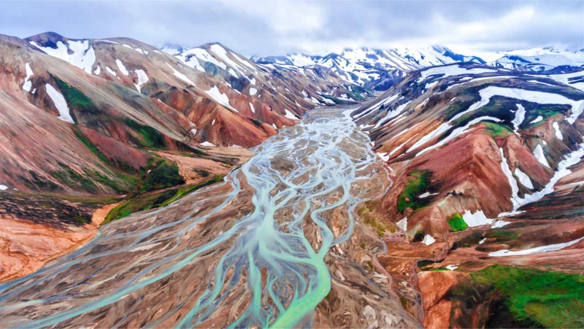 Drone view of the Landmannalaugar area in the Highlands