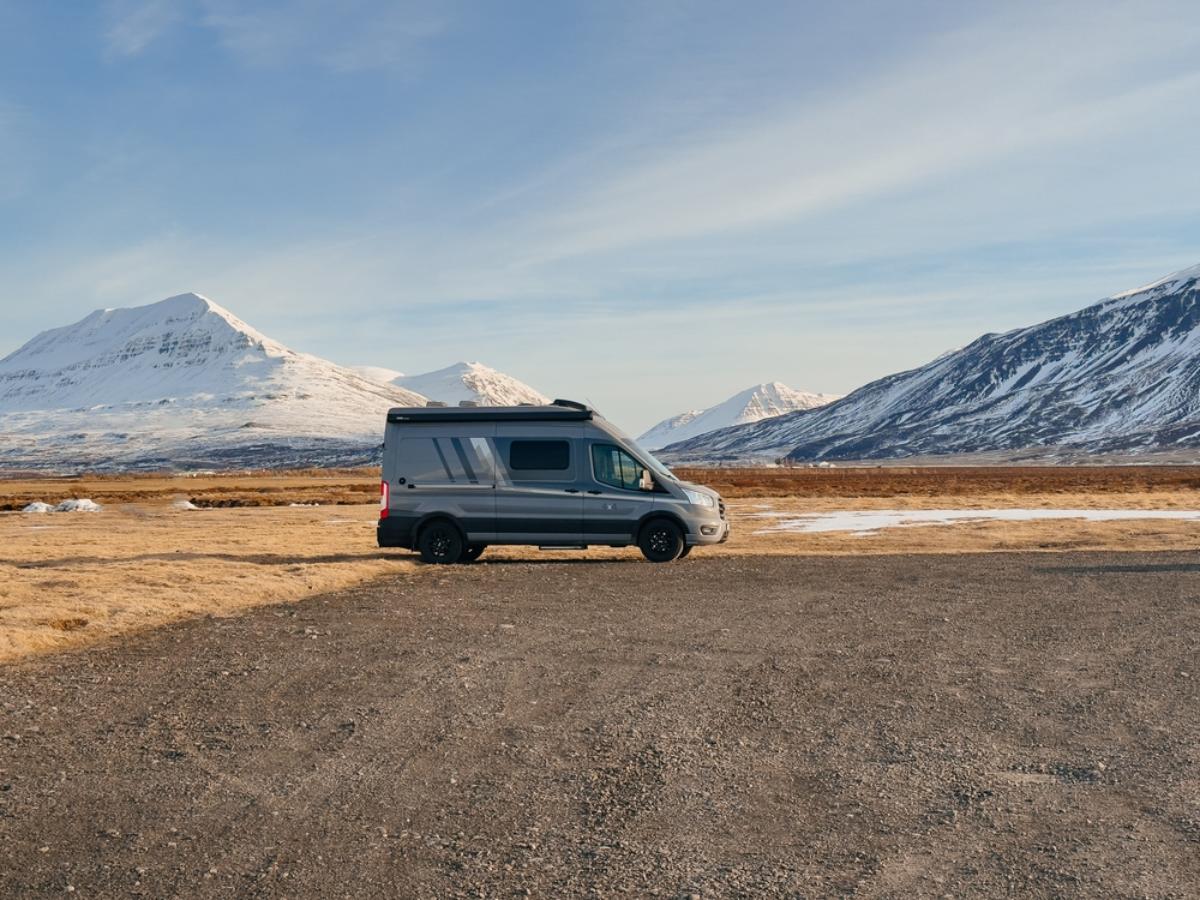 Camper parked in a beautiful area of North Iceland