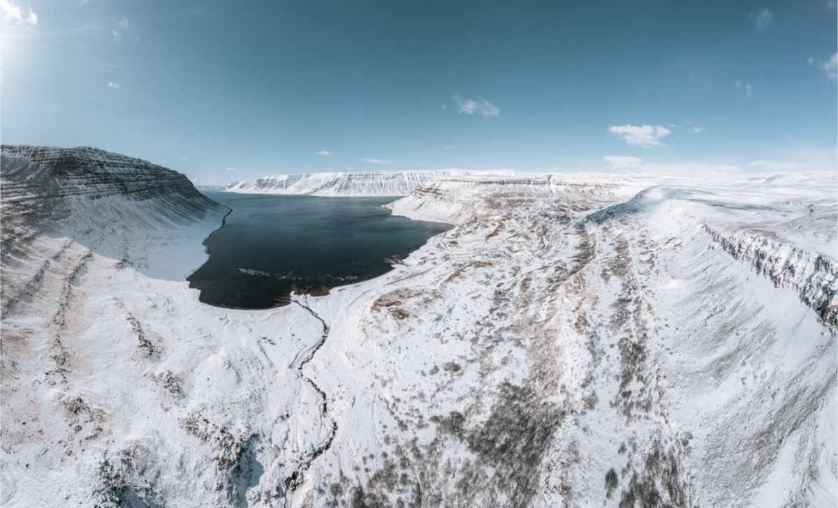 Drone view of the westjords in winter