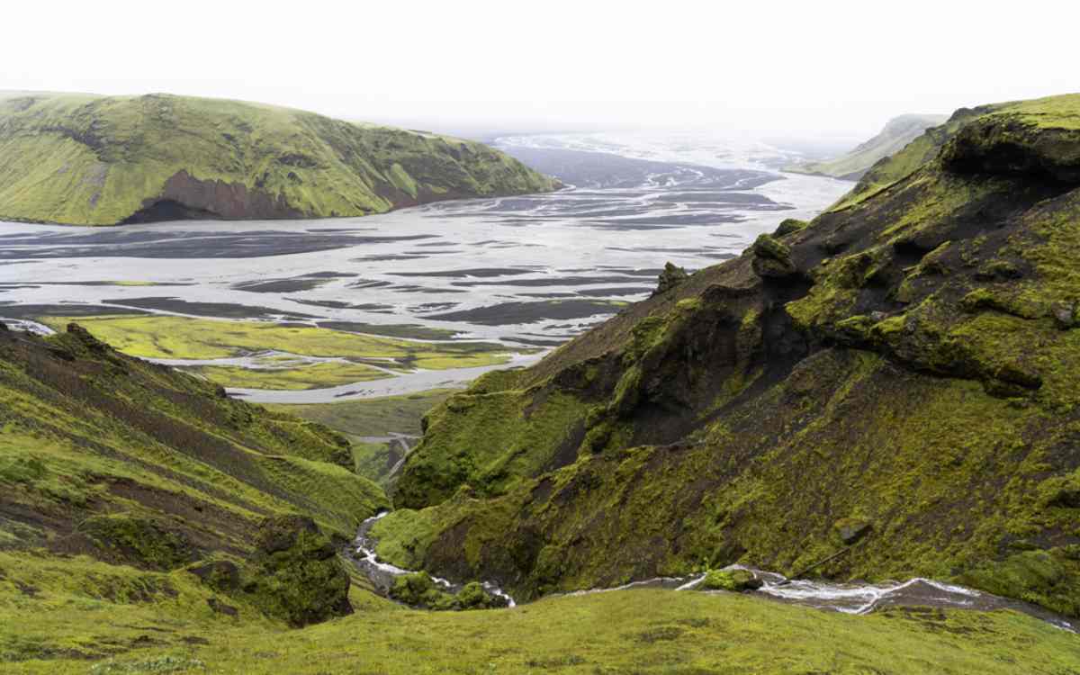 Panoramic views of the beautiful landscapem of Thakgil with mossy rocks