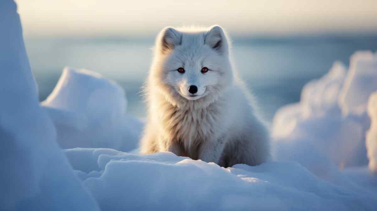 white arctic fox sitting on snow