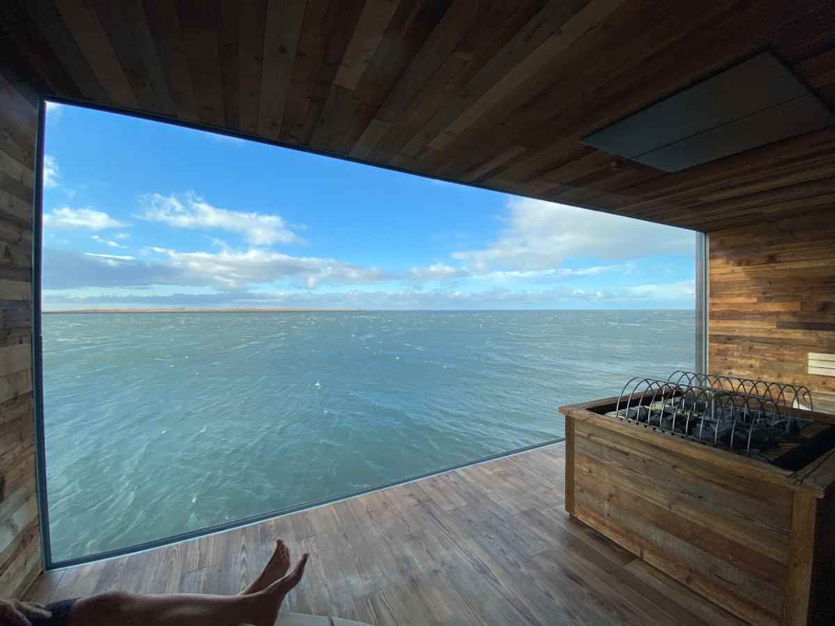 Panoramic views to the ocean from the sauna room of Sky Lagoon