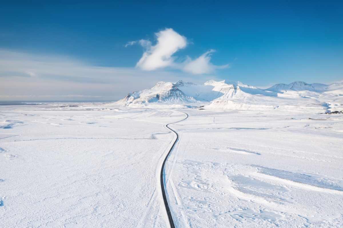 Aerial view of the Icelandic Ring Road in a landscape covered in snow