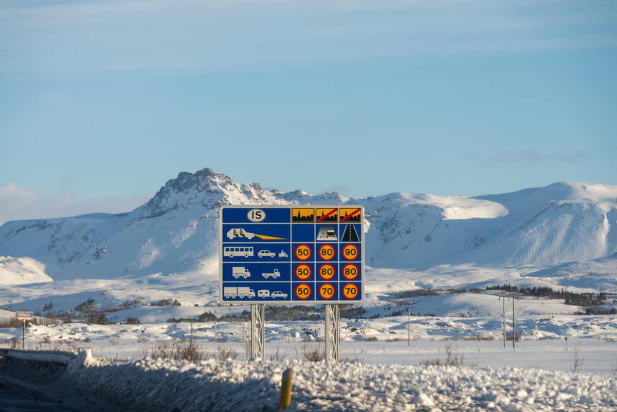 Speed limits in Iceland road sign in a snow covered landscape