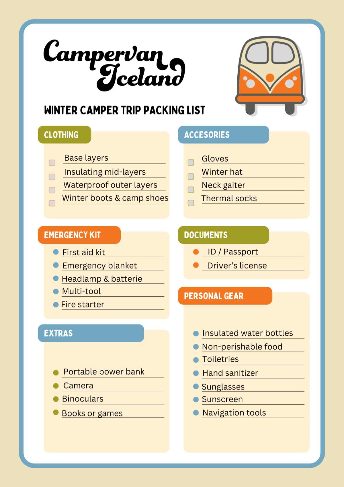 Winter Iceland Camper Trip Checklist downloable