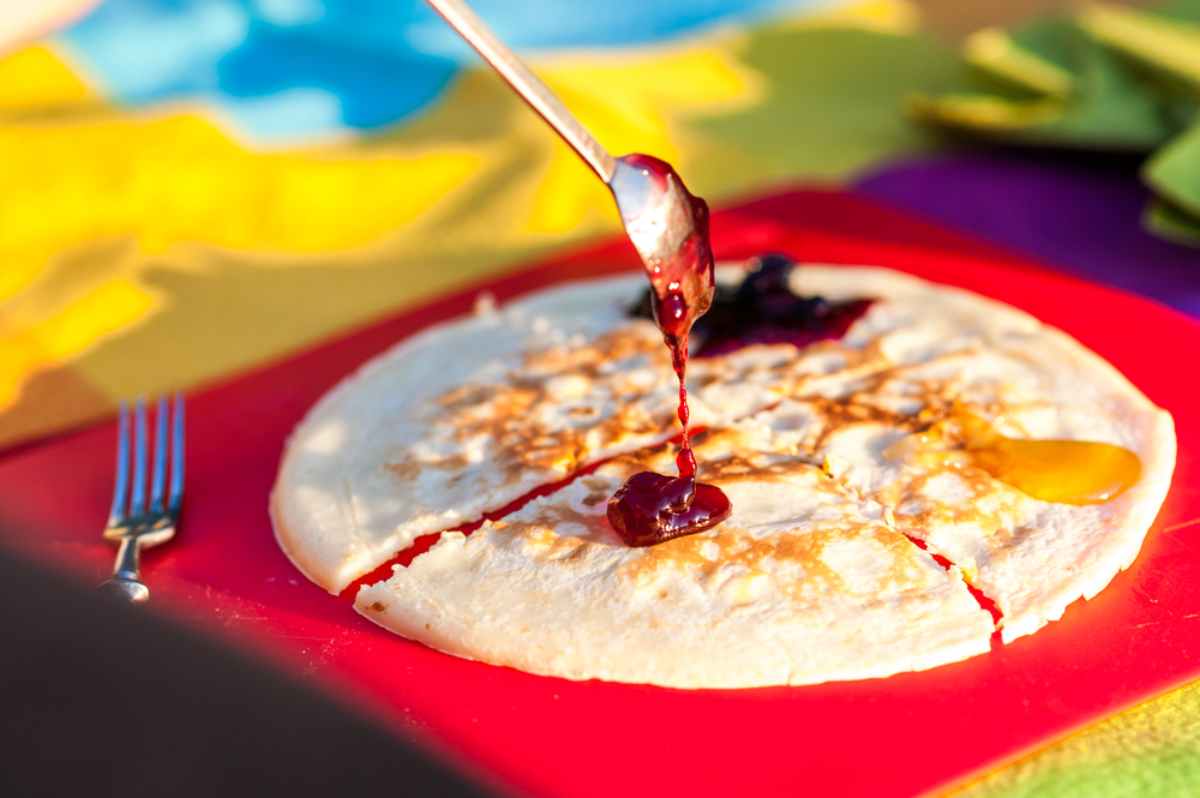Camping pancakes with berry jam