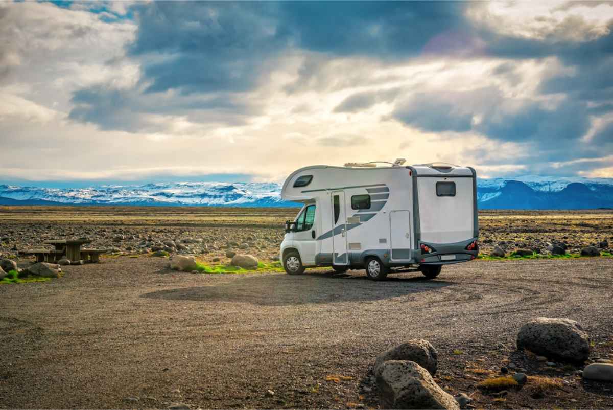 White motorhome parked in the south of Iceland