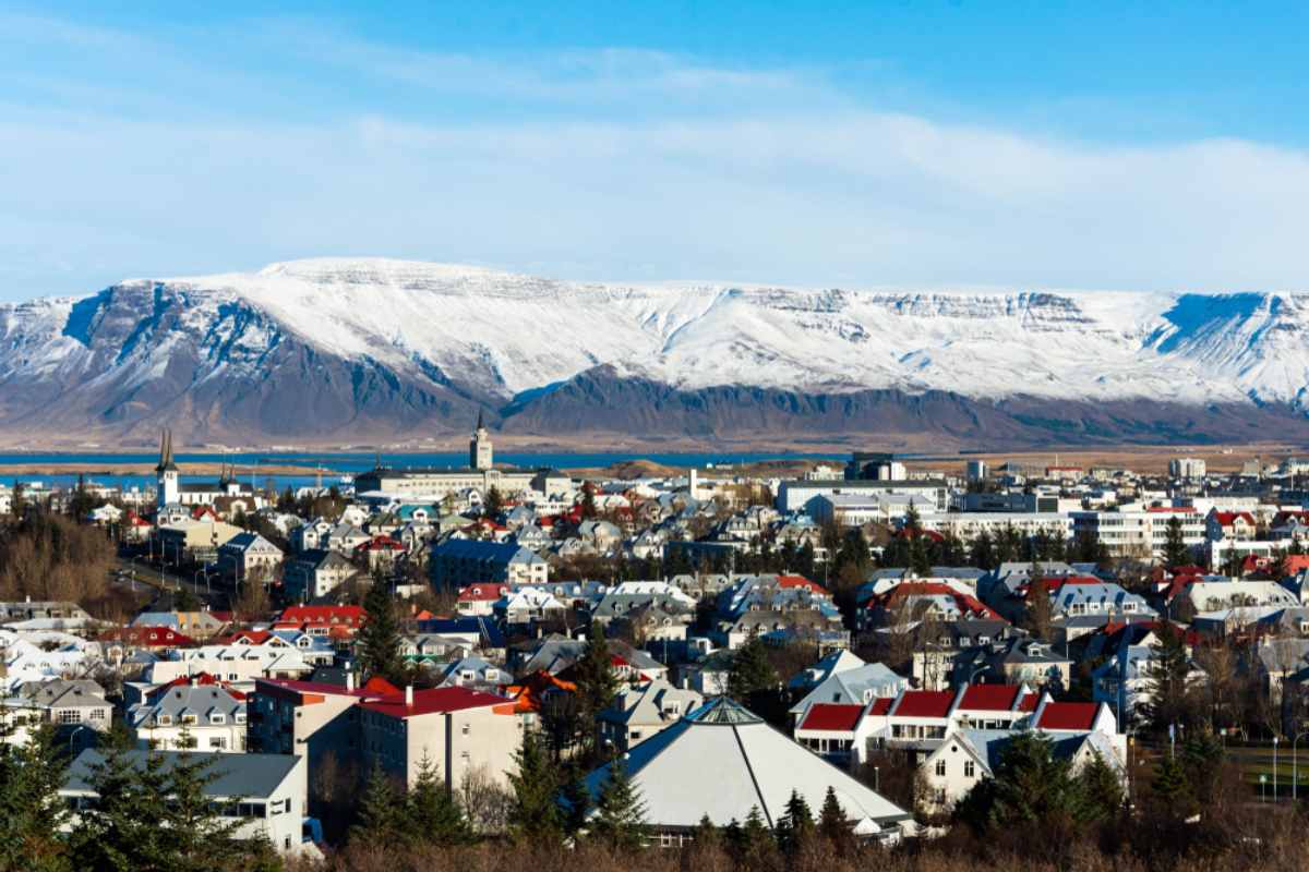 Panoramic view of Reykjavik with colorful rooftops and snowy mountains
