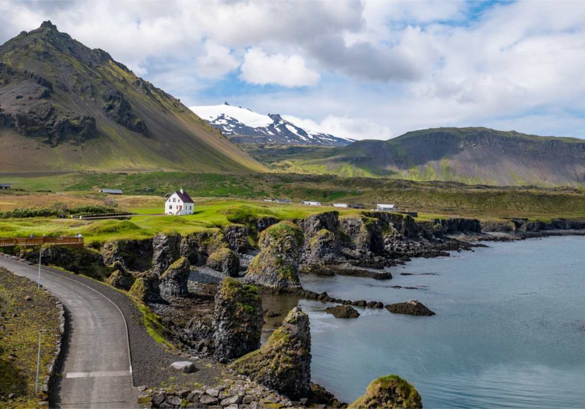 Arnarstapi Cliffs with a beautiful view of a farm