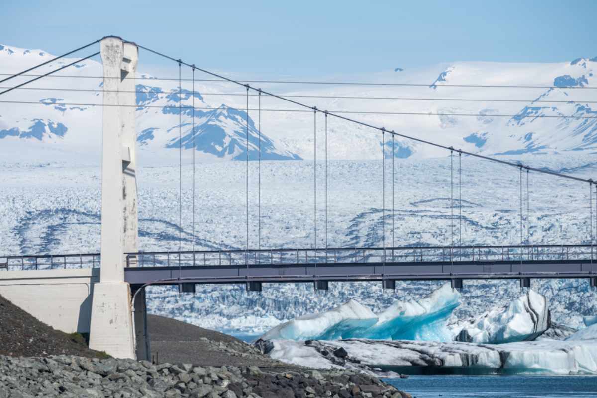 Bridge near a glacier lagoon in Iceland showing how exposed roads can be to strong wind conditions