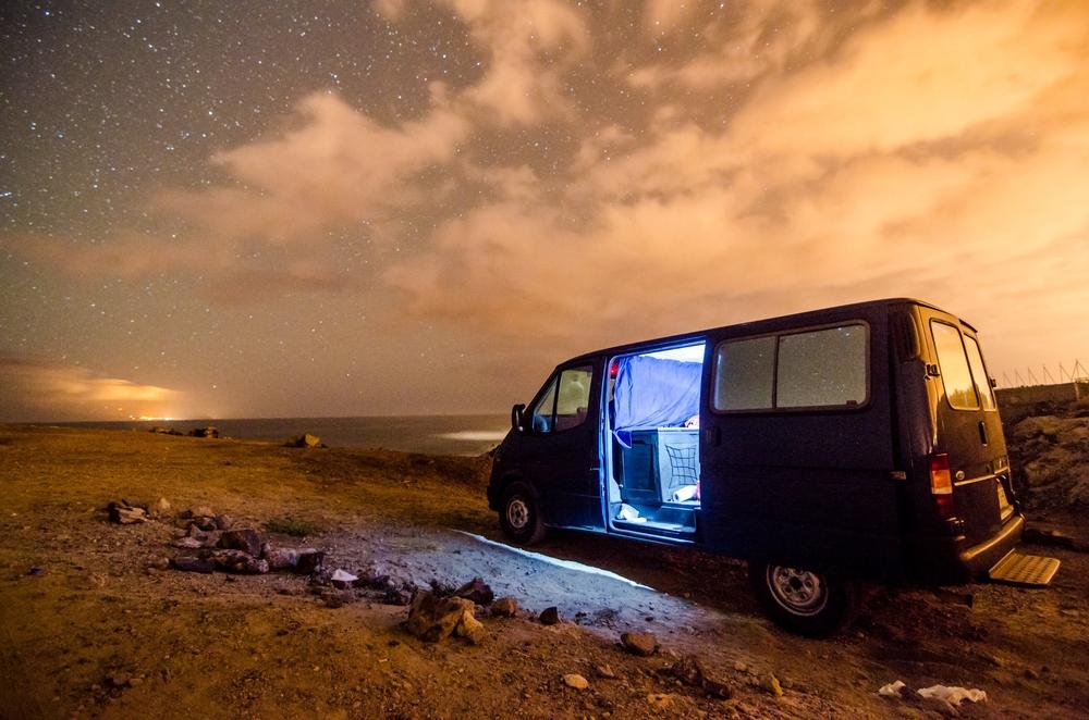 Campervan parked in a beautiful, scenic area